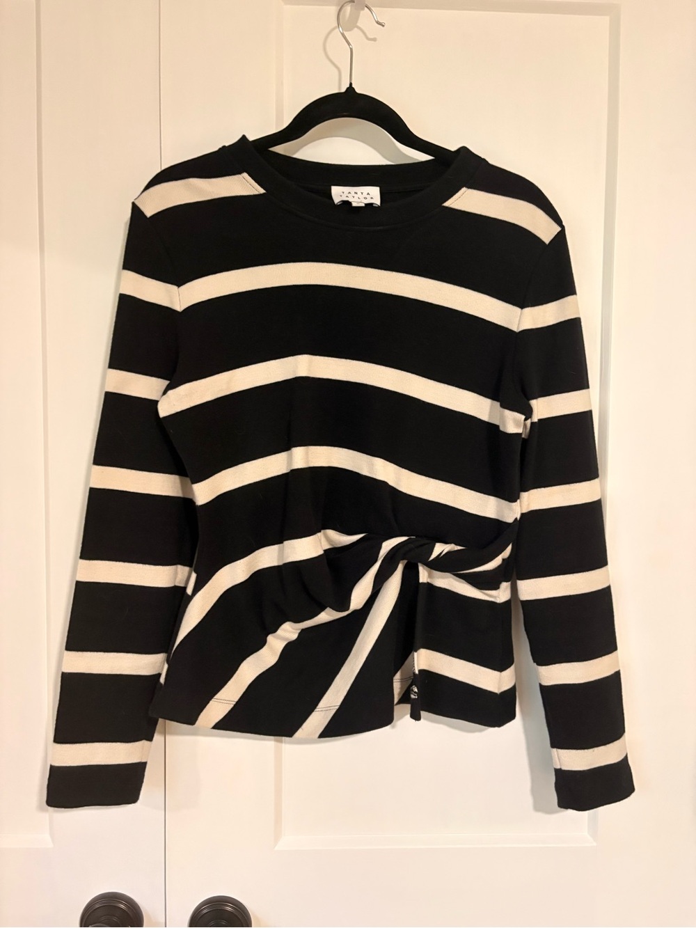 Tanya Taylor Striped Black and White Twist-Front Long Sleeve Top